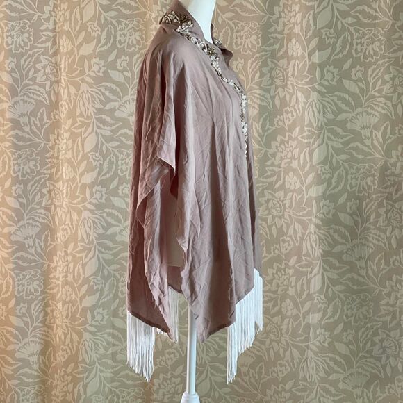 Rare Boho Fringe Poncho Raw Hem Beaded Rhinestones Glam Festival Size‎ S/M - Picture 3 of 8